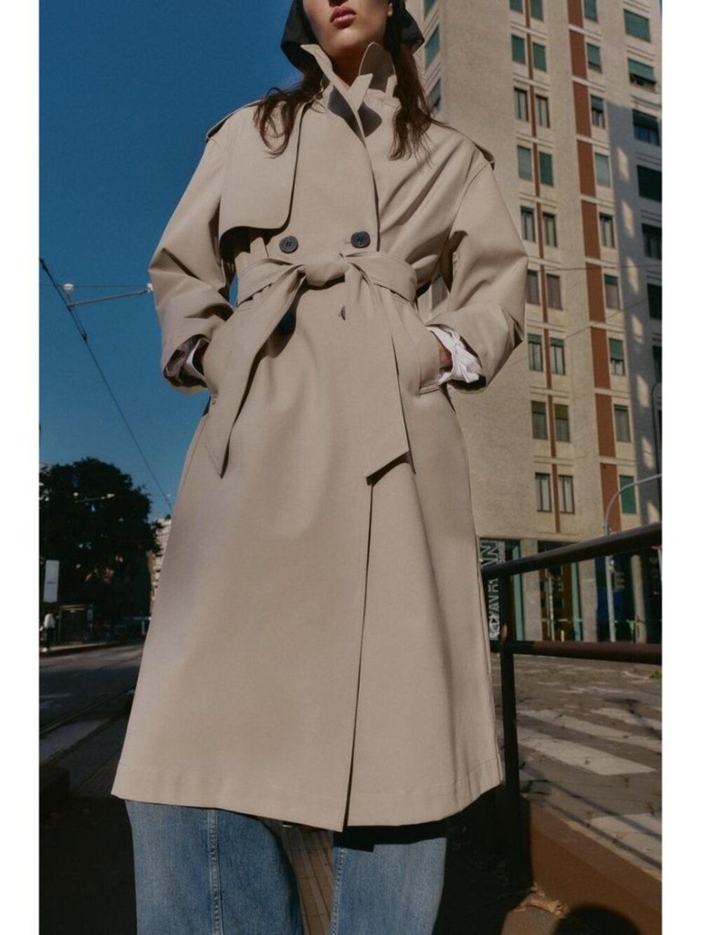 Zara Womens Long Trench Coat XS Tan Double Breasted Belted Jacket 8073/258 NWT